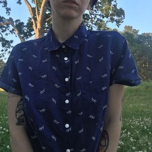 Women’s Button Up Shirt Blue with Eyeglass print